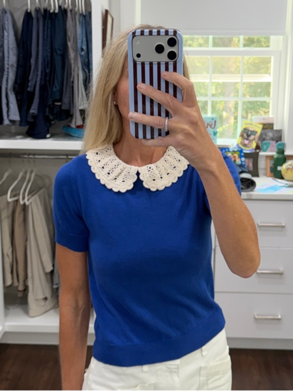 Royal Blue Short-Sleeve Knit Top with Crochet Collar